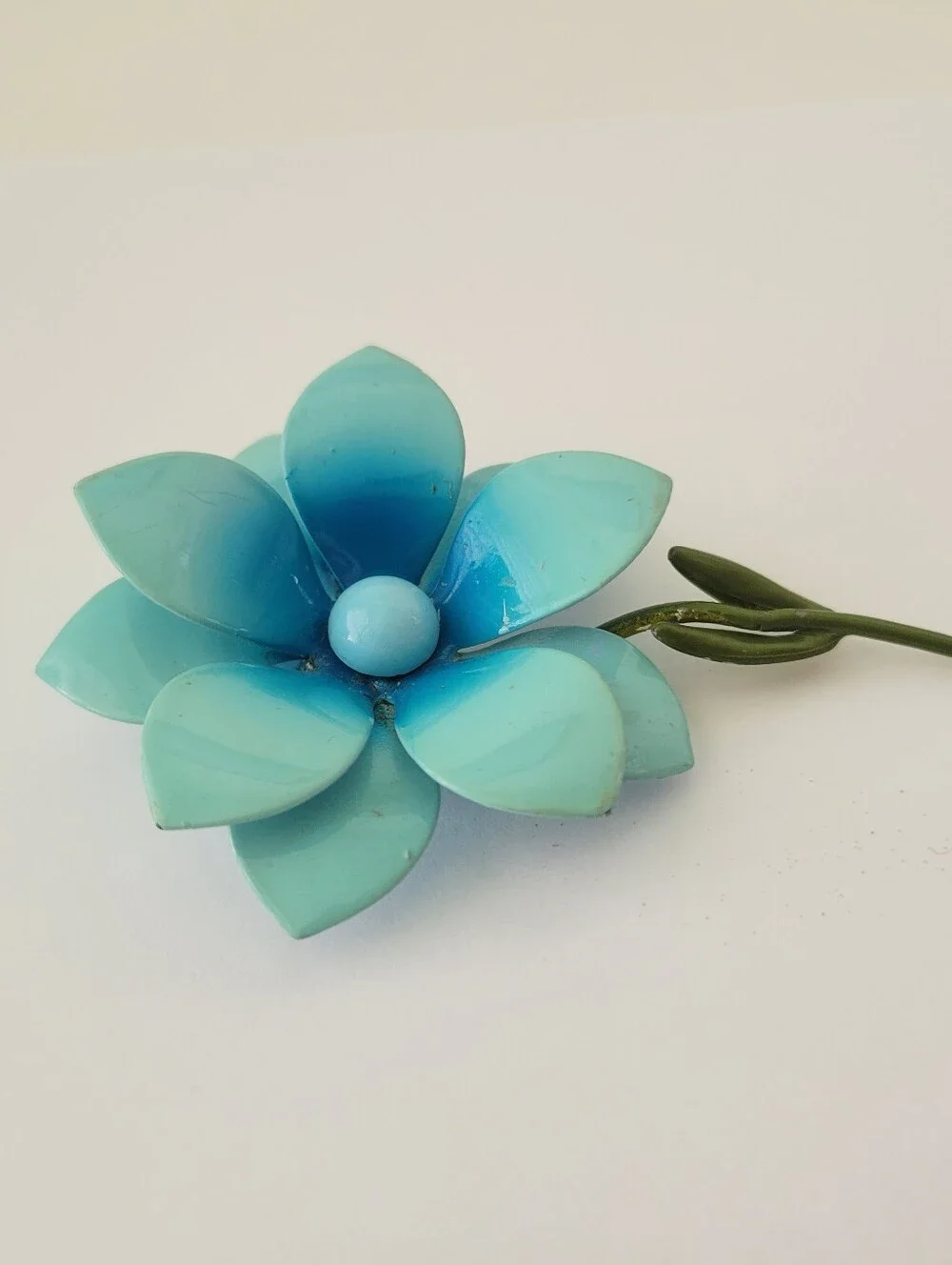 Vintage Enamel Blue Flower Statement Brooch Pin Mod Pop Art 3.8